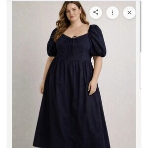 Glamorous Anthropologie Boho Navy Puff Sleeve Square Neck Cotton Midi Smocked Bk